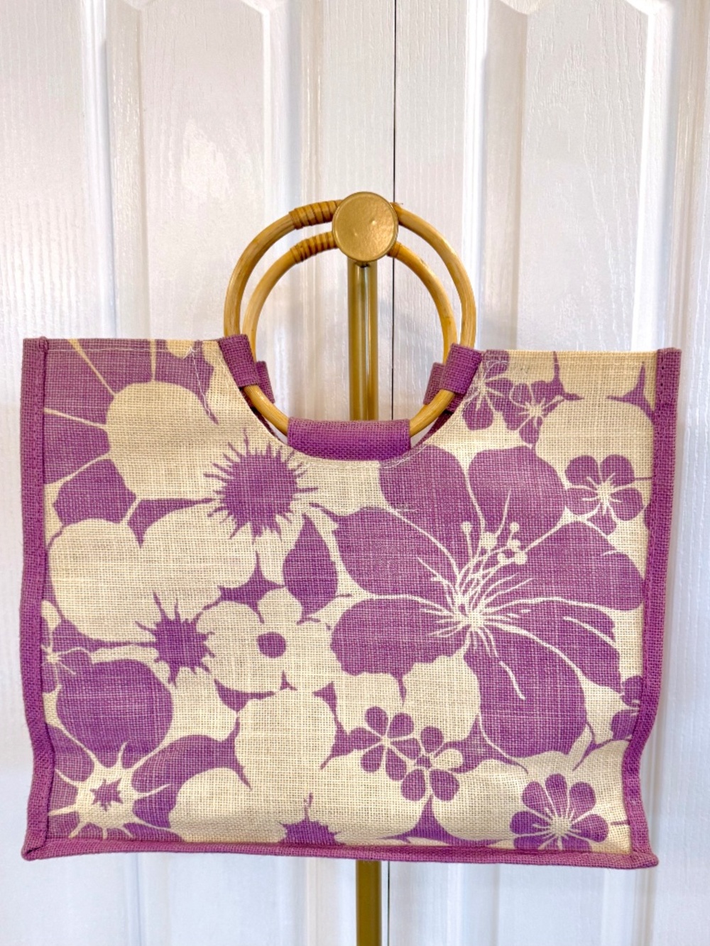 Vintage, Tropical Floral Tote in Lavender & White Burlap, Round Bamboo Handles